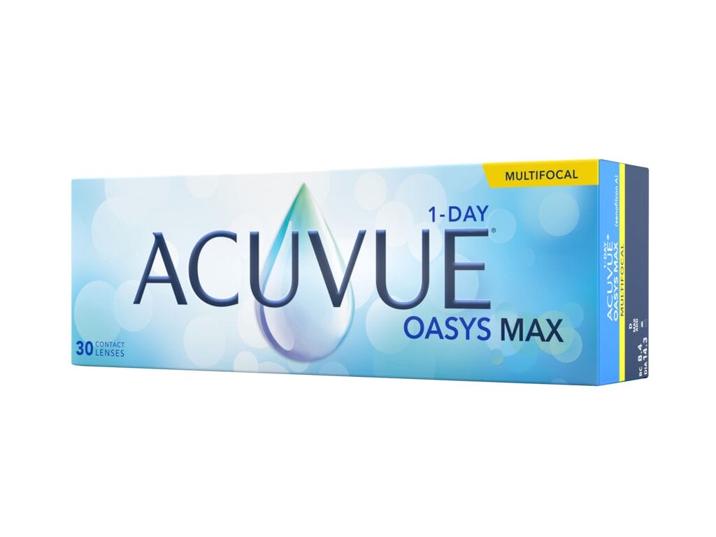 A box of Acuvue Oasys Max Multifocal contact lenses